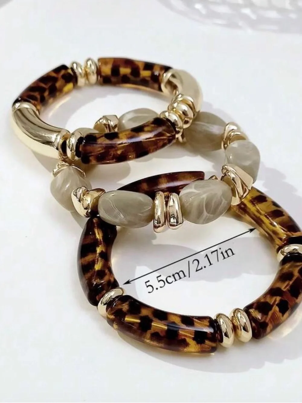 Vintage boho Leopold print acrylic & Gold Stretch beaded Bracelet -high end